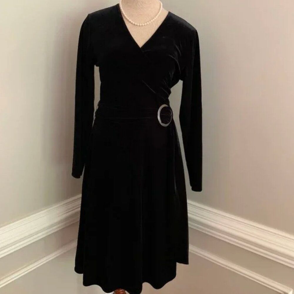 Talbots Faux Wrap Black Velvet Long Sleeve Cocktail Dress SIze 6P